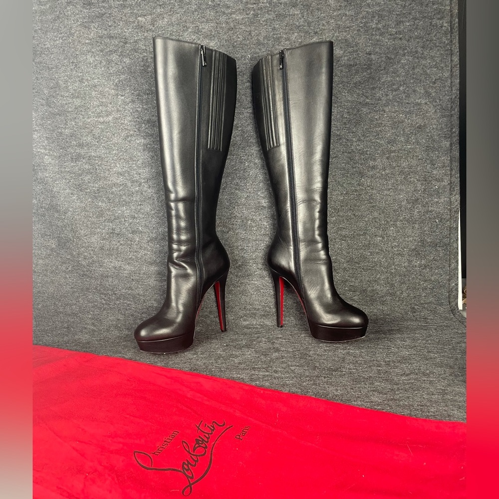 CHRISTIAN LOUBOUTIN Bianca Botta Black Leather Platform Knee High Boots 38/8